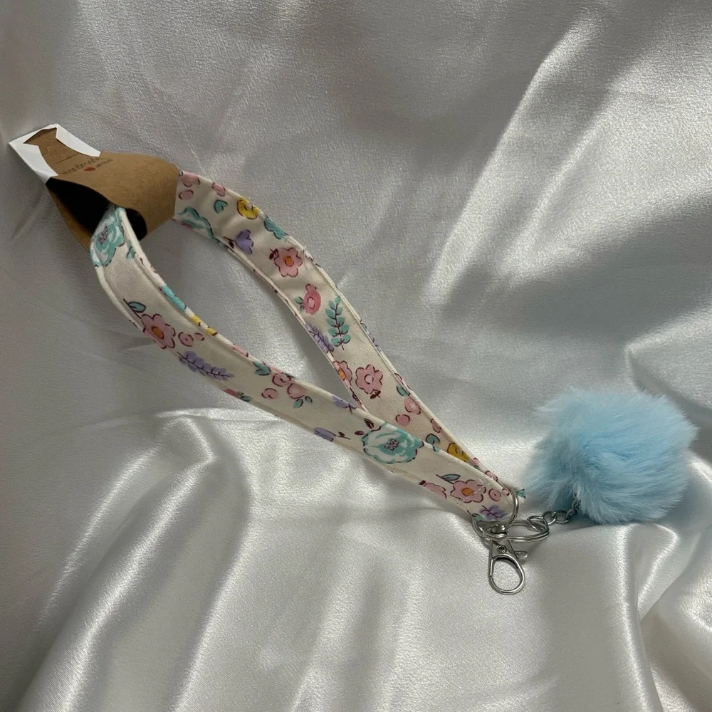 Handmade Blue and Pink Floral Wristlet Keychain with Light Blue Pompom